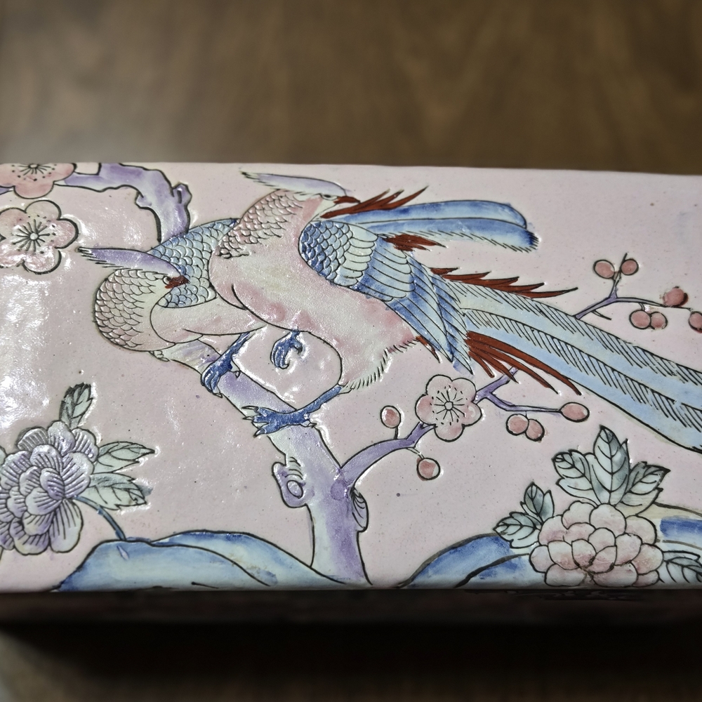 Vintage Pink Ceramic Box with Bird Design Jewelry Box